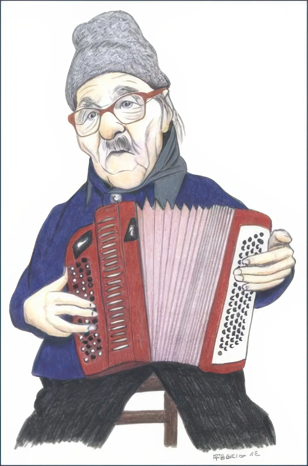 Caricature de l'accordéoniste « Bouby », dessin de Claudio Fedrigo, (© BCU Fribourg).