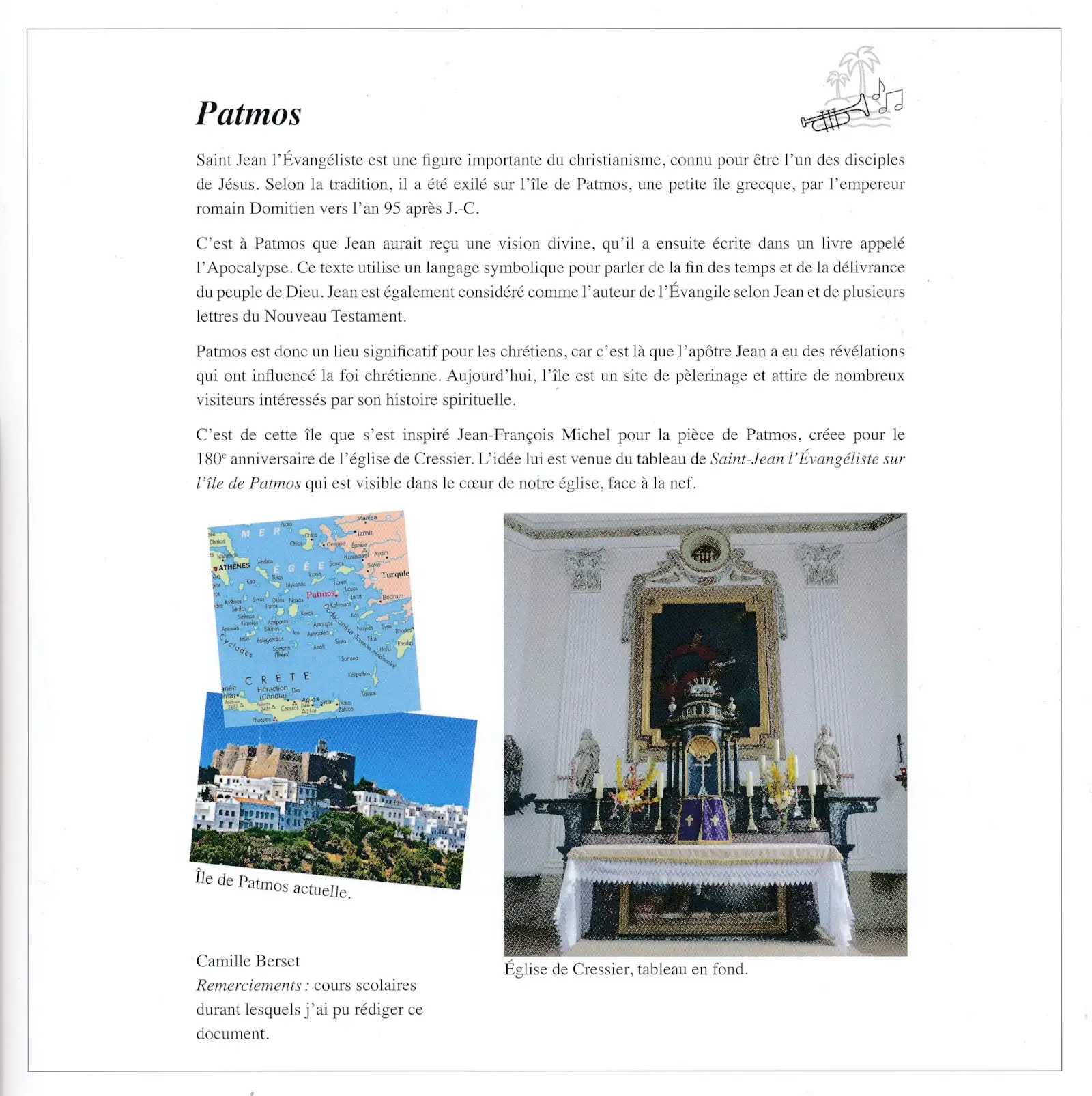 La page « Patmos » de la plaquette, analyse rédigée par Camille Berset